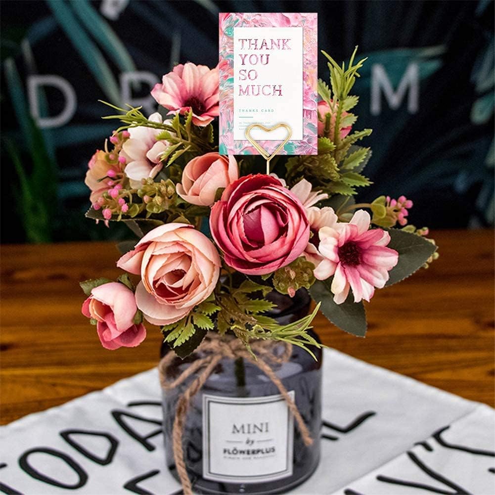 H&W 12''L Golden Heart Loop Round Shape Card Holders 40PCS Floral Picks Clips for Wedding & Flower Arrangements, DIY Craft Wire Clip Table Card Holders Note Photo Picture Memo Holder Cake Topper