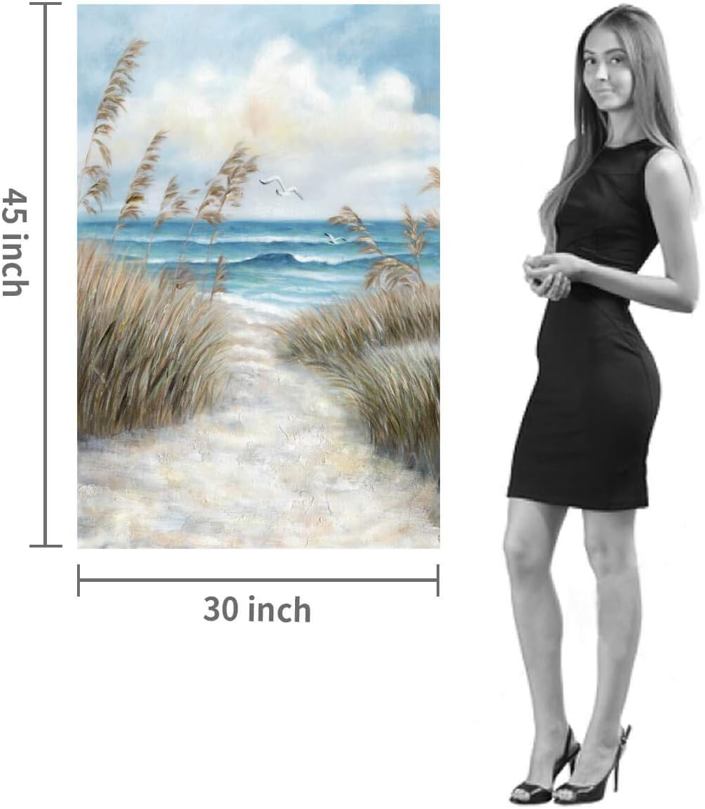 Abstract Beach Picture Wall Art: Sandy Path to Ocean with Sea Grass Artwork Painting for Bedroom (45'' x 30'' x 1 Panel)