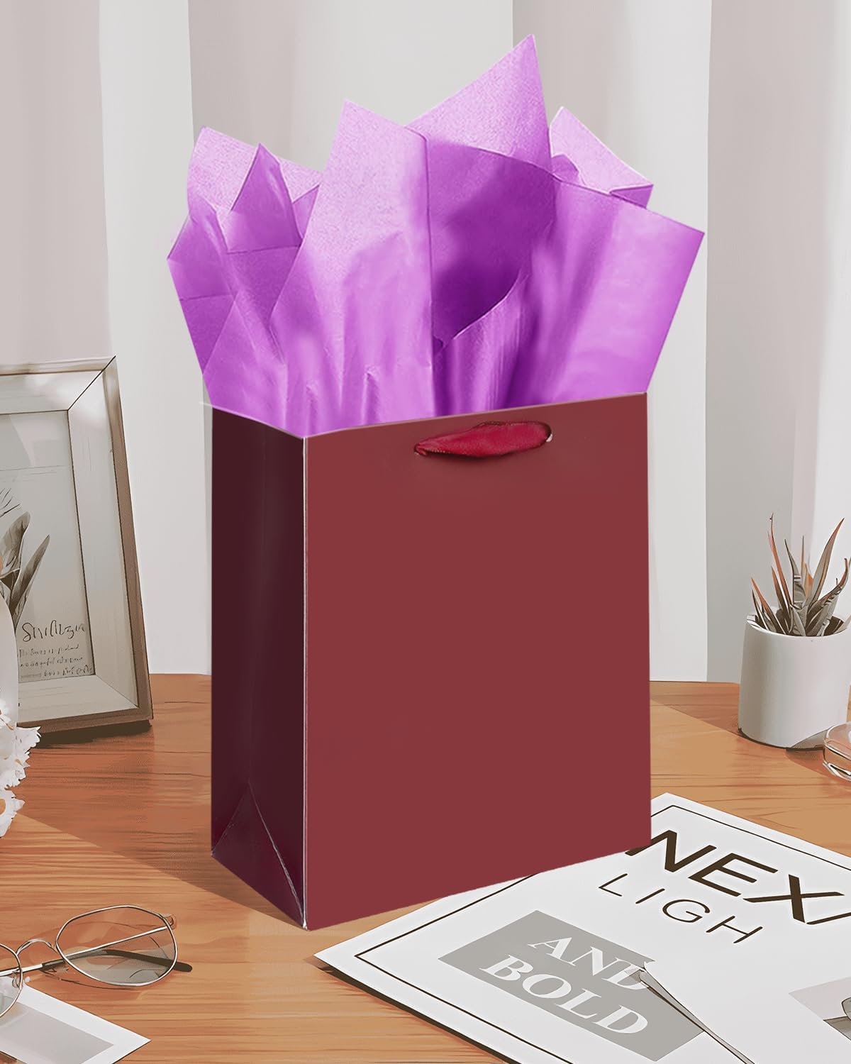 Gcardist Ripe Brown Gift Bags with Tissue Paper for Wedding, Birthday, Party Supplies-7.9"x4.3"x9.6" Medium Size Cardboard Gift Bags(5pcs Bags +10pcs Tissue Paper )