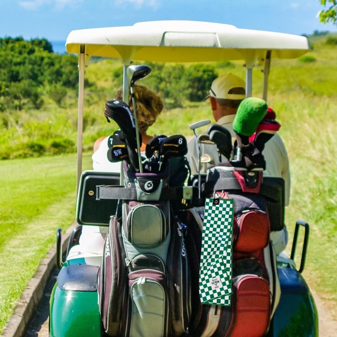 Against The Grain Microfiber Golf Towel with Clip - (12"x20") Green & White Checkered Design Golf Club Towel, Golf Towels for Golf Bags for Men & Women