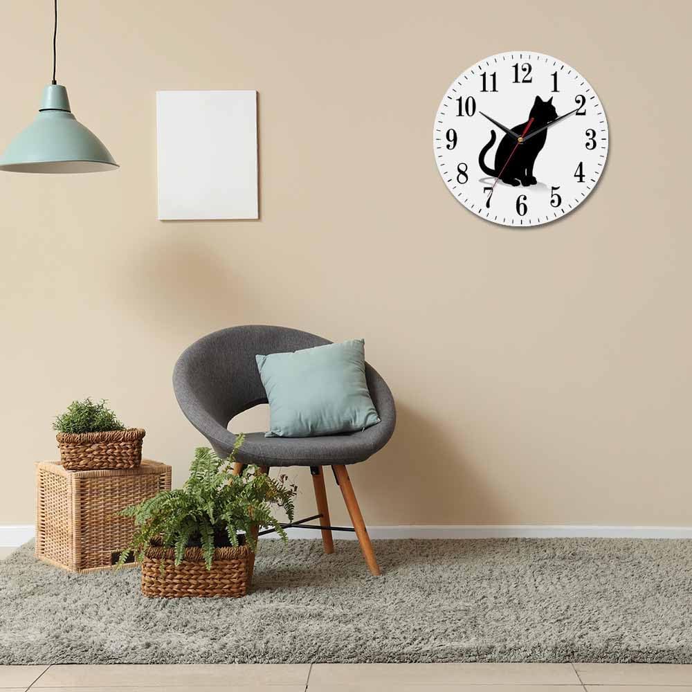 Mxocom Cat Silhouette Wall Clock Pet Animal Kitten Standing Black Outline 10 Inch Silent Non Ticking Battery Operated Clock Vintage Round Clock for Living Room Bedroom Bathroom Office Decor