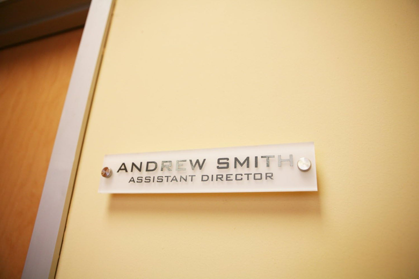 Personalized Office Wall Name Plate Sign. Modern Stainless Steel Legs (Frosted White)