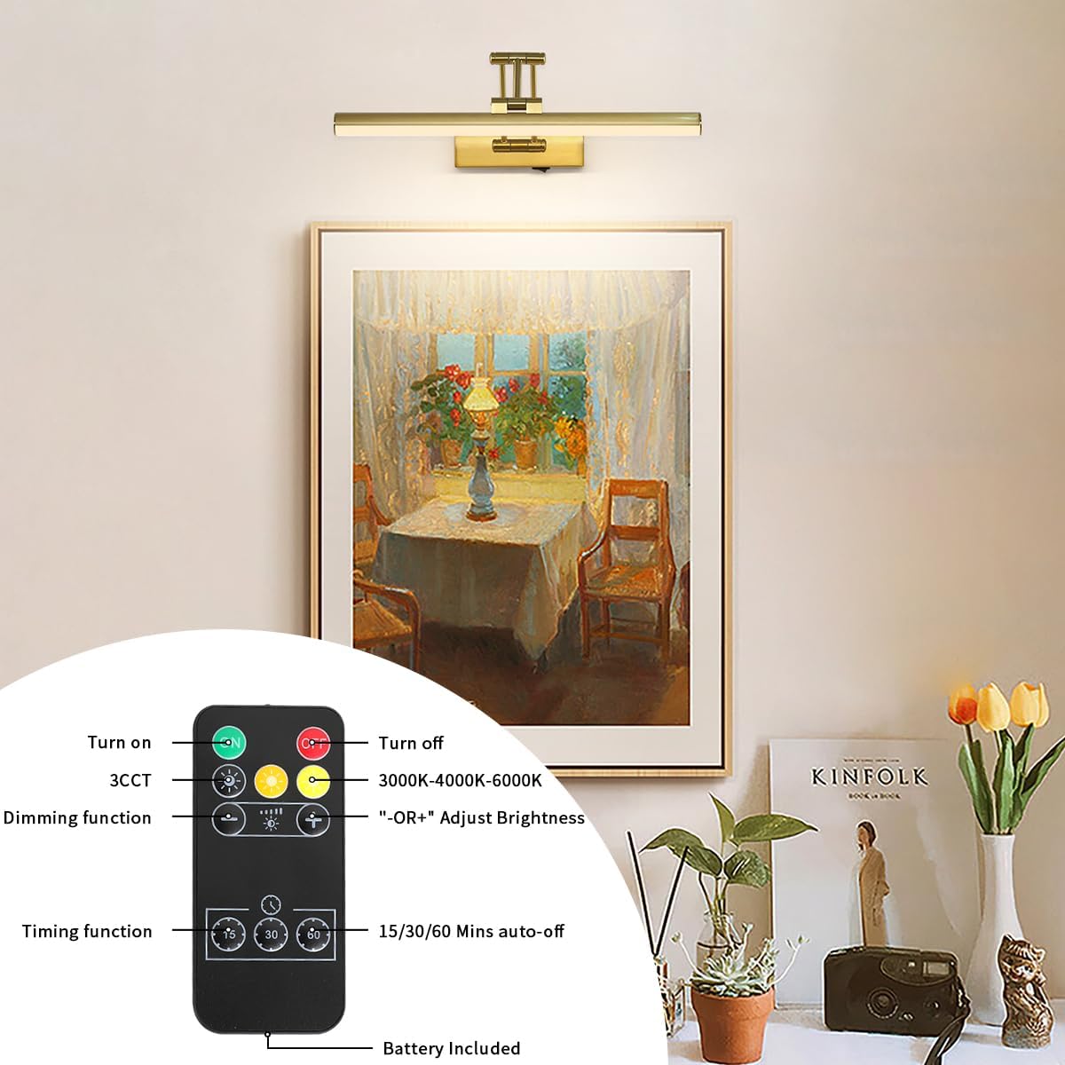 Joossnwell Wireless Picture Light Battery Operated with Remote LED Art Lights for Paintings Rechargeable Dimmable and Timer 15.5 Inch Brass Picture Lights for Wall Gallery Light Library Light