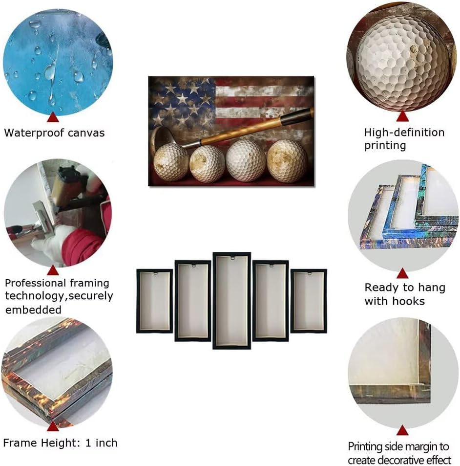 Golf Canvas Wall Art Vintage Golf Ball with American Flag Painting Artwork Leisure Sports Poster Golf Pictures for Living Room Office Club Home Decorations Framed Ready to Hang (24 x 36 inch)