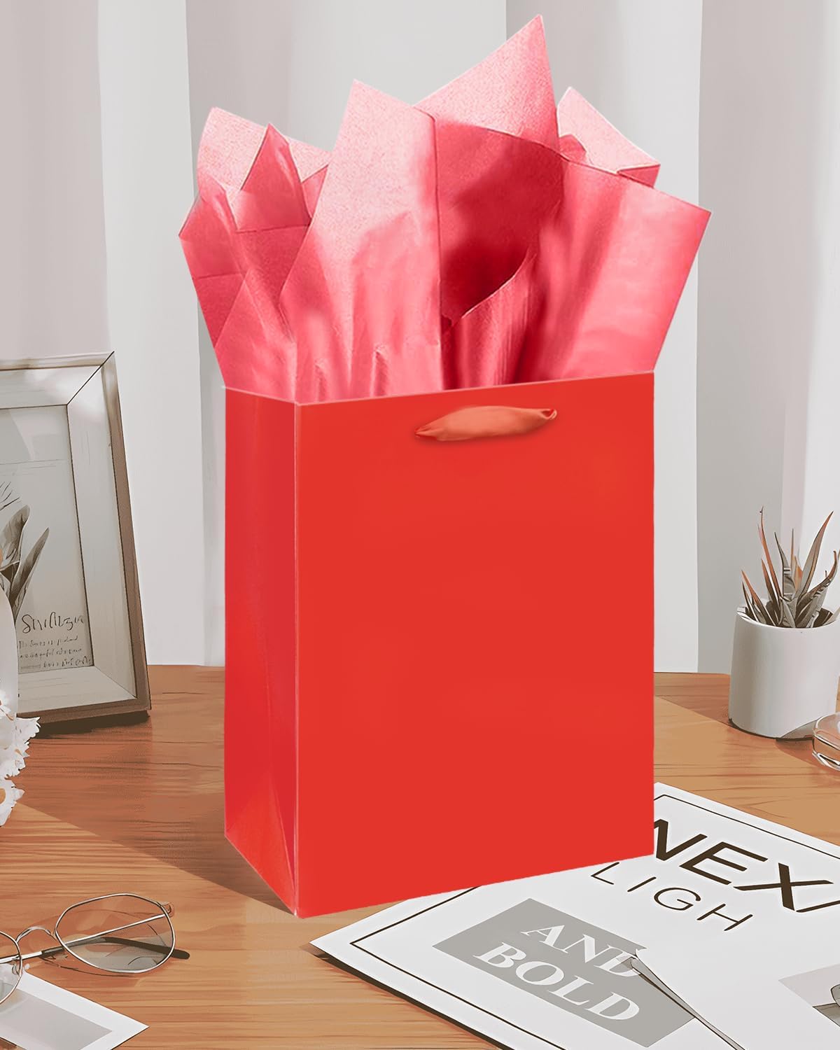 Gcardist Red Gift Bags with Tissue Paper for Wedding, Birthday, Party Supplies-7.9"x4.3"x9.6" Medium Size Cardboard Gift Bags(5pcs Bags +10pcs Tissue Paper )