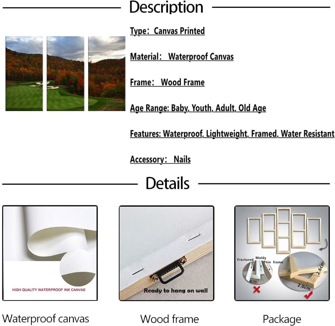 North Carolina Golf Course Wall Art for Living Room Bedroom Bathroom Home Decorations Paintings Golf Course Pictures Posters Framed Artwork Canvas Prints Ready to Hang(12''W x 24''H x3)