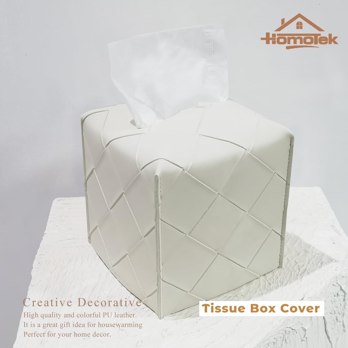 HOMOTEK 2 Pack Tissue Box Cover, PU Leather Tissue Holder,Square Decorative Facial Tissue Cube Paper Organizer Dispenser for Bathroom, Night Stands, Desk, Car 5X5X5'' - Woven Textured, White Ivory