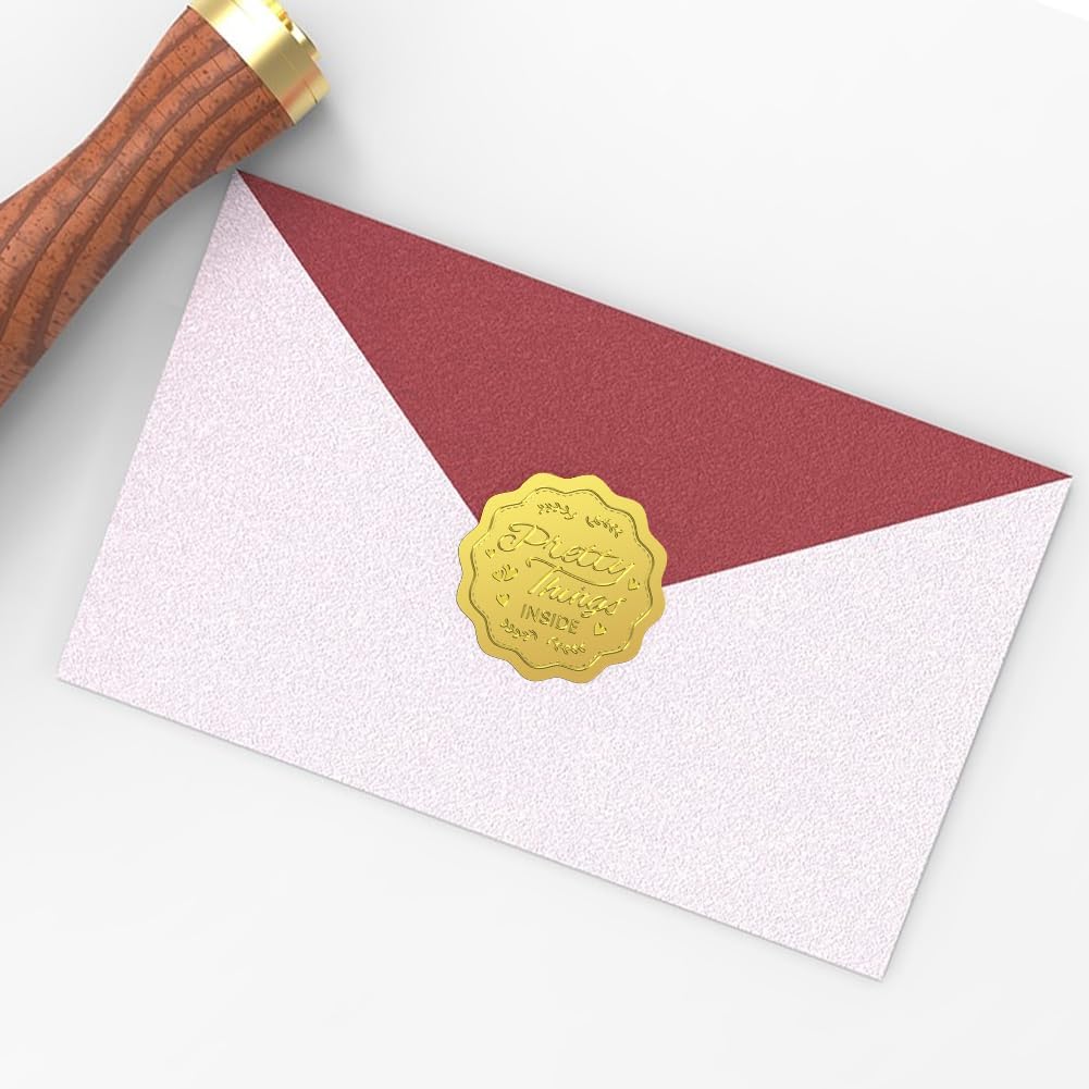 Peacoblue Gold Foil Stickers Seals Embossed 2 Inch 100Pcs Pretty Things Inside, Self Adhesive Gold Around Embossing Sticker for Gift Card Present Decoration Certificate Paper Envelope Seal