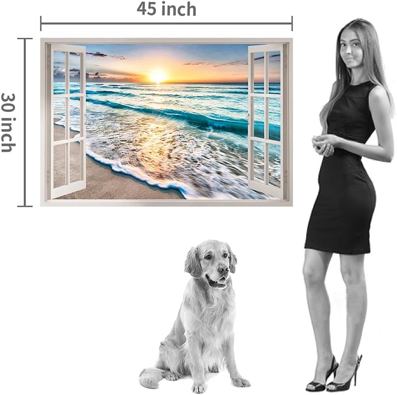 beach canvas window wall art: beach picture coastal artwork seascape ocean scene prints - looking out fake window wall decor for bedroom 45"x30"