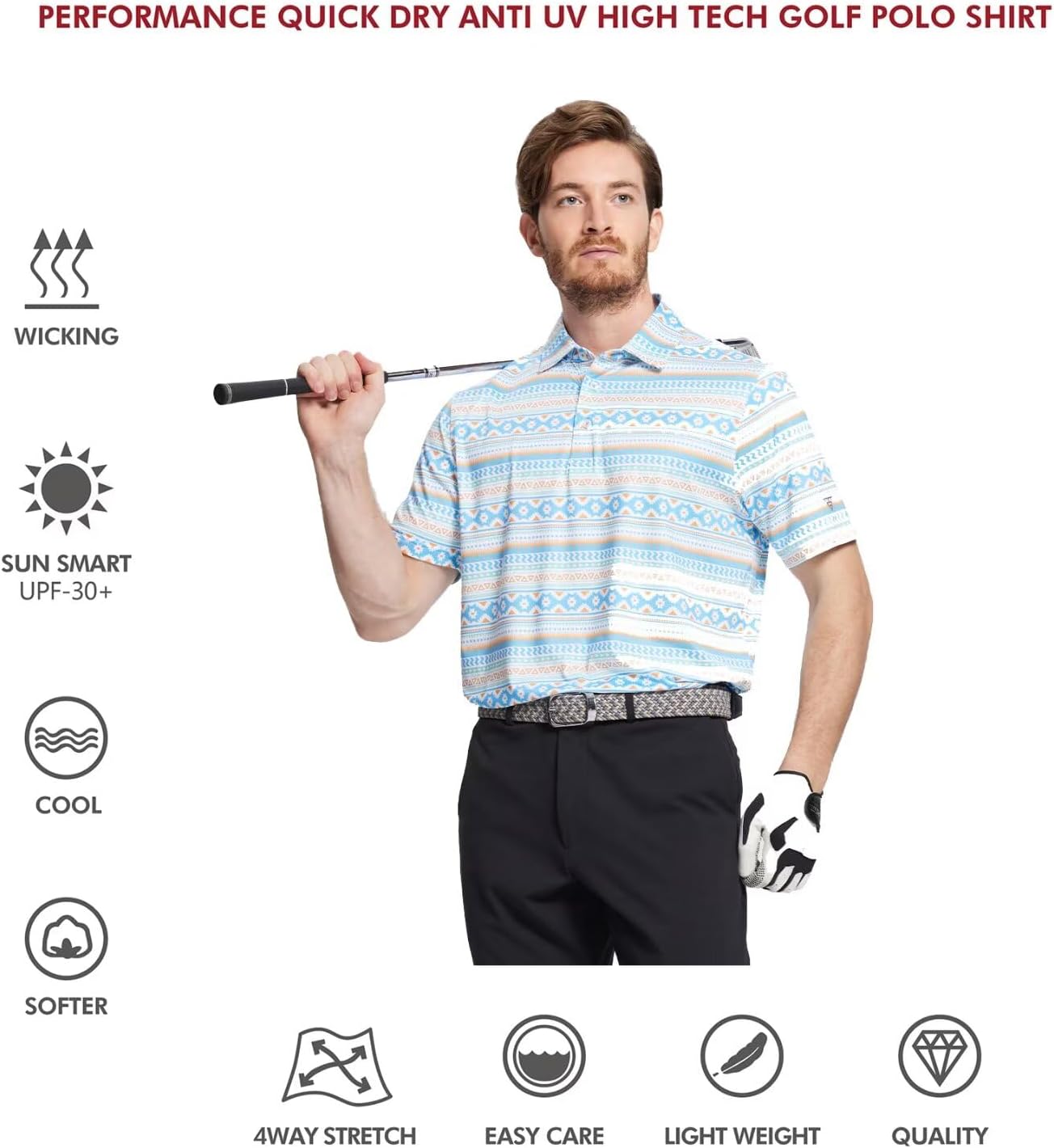 Golf Shirts for Men Dry Fit Short Sleeve Print Performance Moisture Wicking Polo Shirt