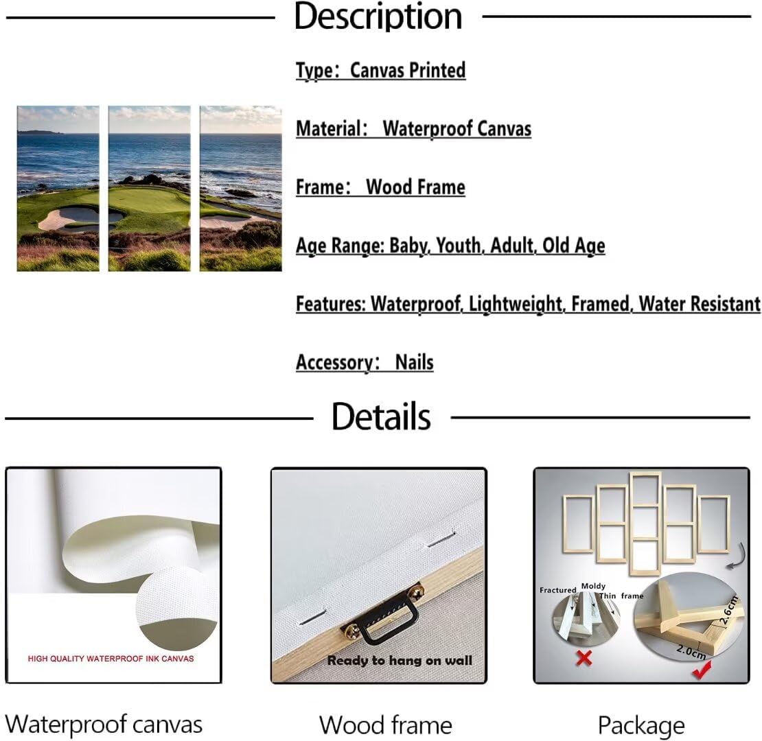 California Coastline Golf Course Wall Art for Living Room Bedroom Bathroom Home Decorations Golf Course Pictures Posters Framed Artwork Canvas Prints Ready to Hang(14''W x 28''H x3)