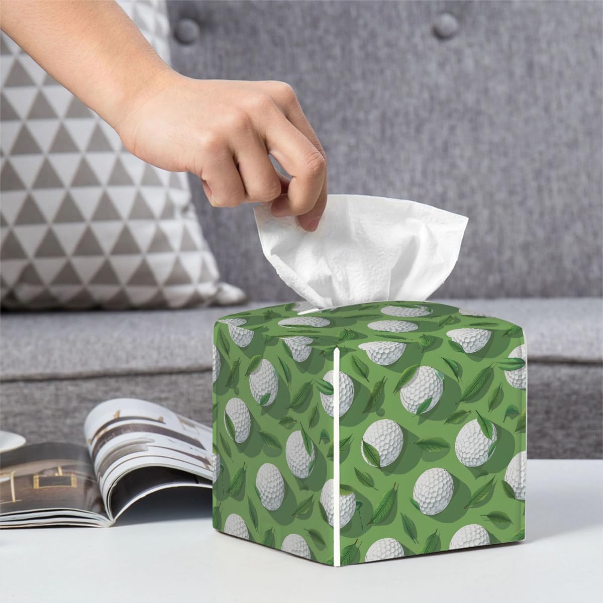 Square Leather Tissue Box Cover, Waterproof Napkin Dispenser with Golf Sports Golf Ball Print, Tissue Holder for Bathroom, Living Room, Bedroom, Office, and Car Decor