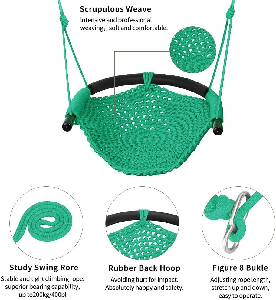 Hand-Knitting Toddler Swing, Swing Seat for Kids with Adjustable Ropes, Little tikes Swings Set, for Outdoor Indoor, Playground, Backyard (Macaron Green)