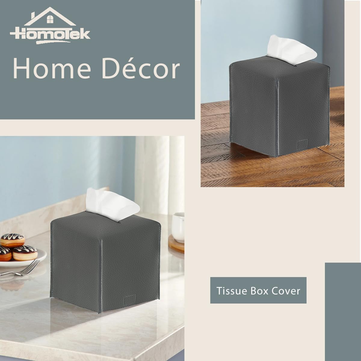 HOMOTEK 2 Pack Tissue Box Cover, Square PU Leather Tissue Holder, Decorative Facial Tissue Cube Paper Organizer Dispenser for Bathroom, Night Stands, Desk, Car 5X5X5'' - Beige, Pebble Grain