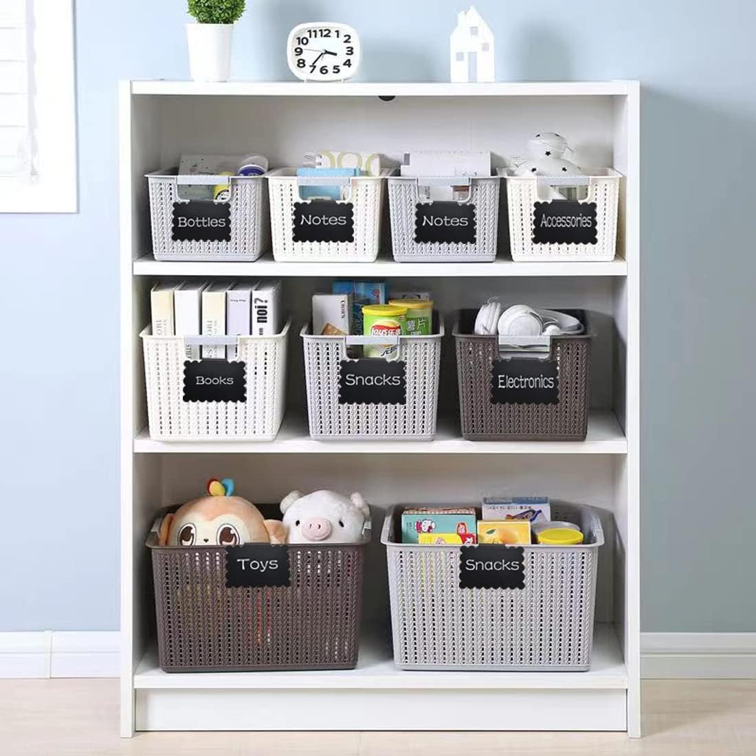 20 Reusable Basket Labels with Clip-On Design, Perfect for Kitchen and Closet Organization, Includes 2 White Chalk Markers