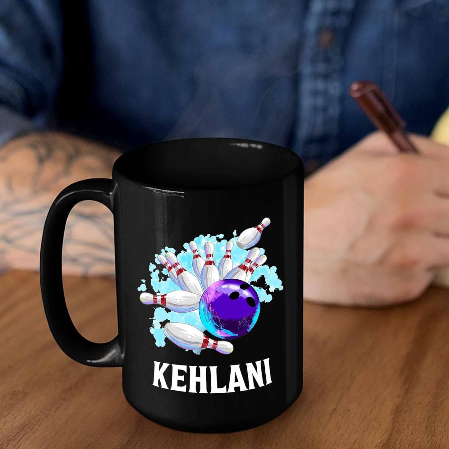 Personalized Bowling Black Ceramic Mug 11 Oz 15 Oz, Custom Bowling Ball Player Coffee Mugs With Choose Name, Strike Knock Down Pins Bowling Travel Mug, Bowling Sport Coffee Cup Gift For Bowling Lover