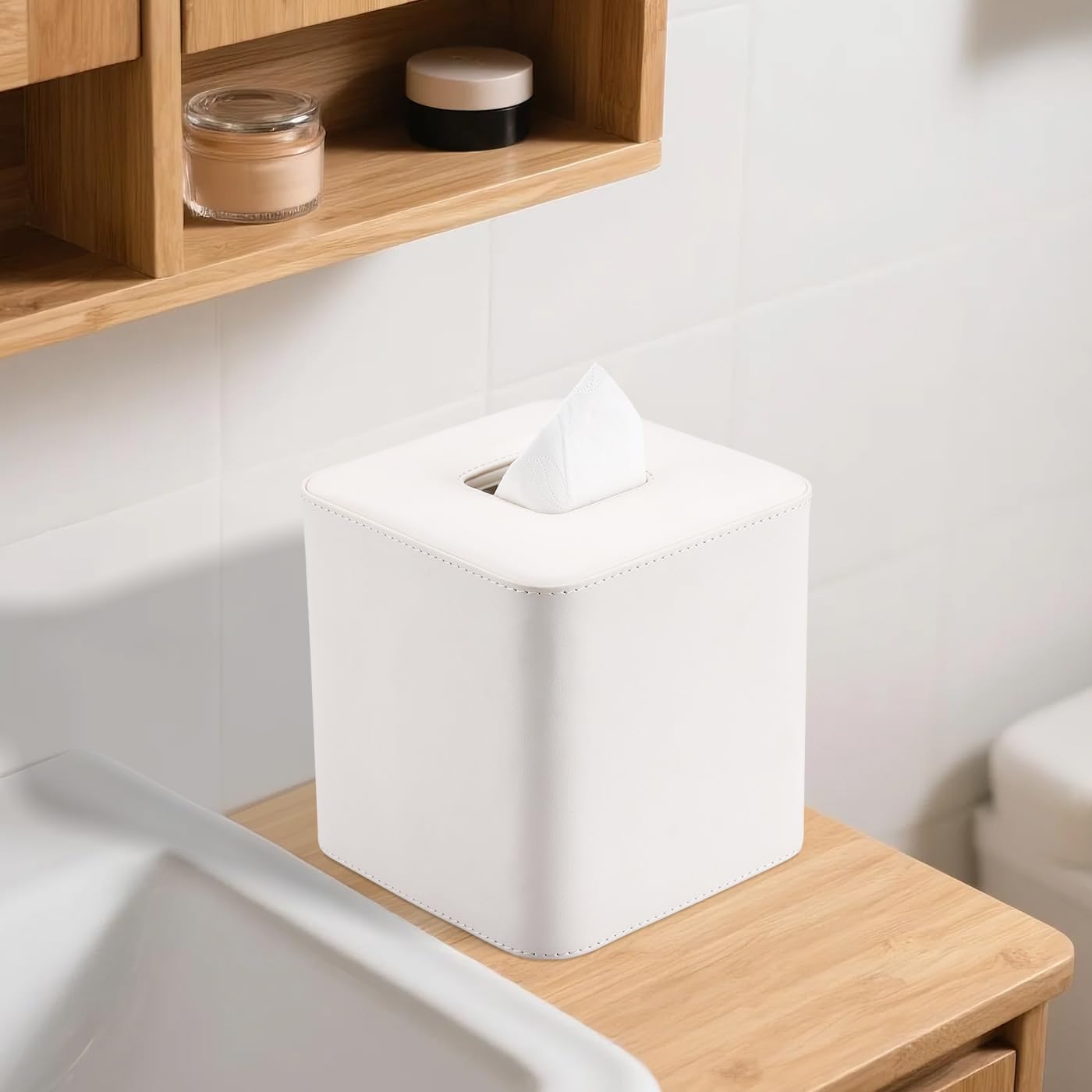 GORESE Square Tissue Box Cover Leather Kleenexs Box Cover, Cute Tissue Cover for for Cube Box Tissues, Tissue Box Holder for Bedroom, Living Room, Bathroom, Cream White