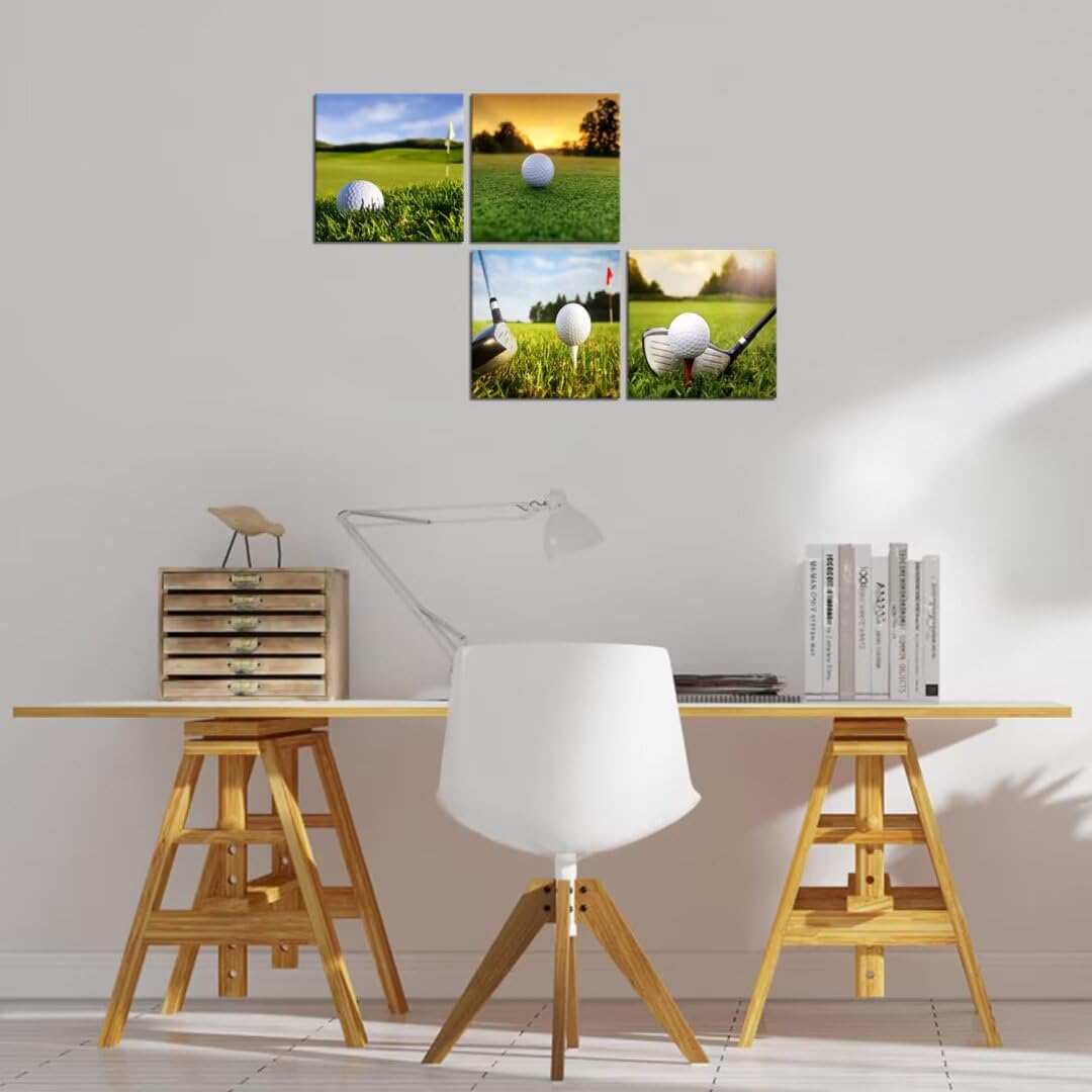 Pankila Golf Course Canvas Wall Art for Gym Club Golf Wall Decor Yellow Green Golf Landscape Abstract Wall Painting Decor Living Room Bedroom Bathroom Frame Artwork (12''W x 12''H x 4)