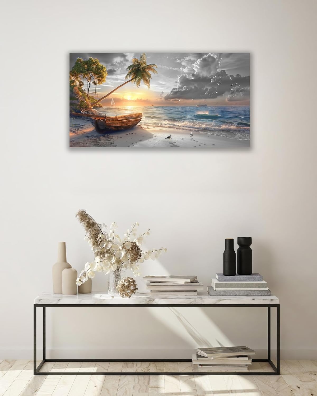 Large Coastal Living Room Wall Art Summer Beach Canvas Wall Decor Black White Ocean Seascape Pictures Painting Hawaii Scenery Home Decoration Giant Boat Seagull Artwork for Bedroom Framed 30"x60"