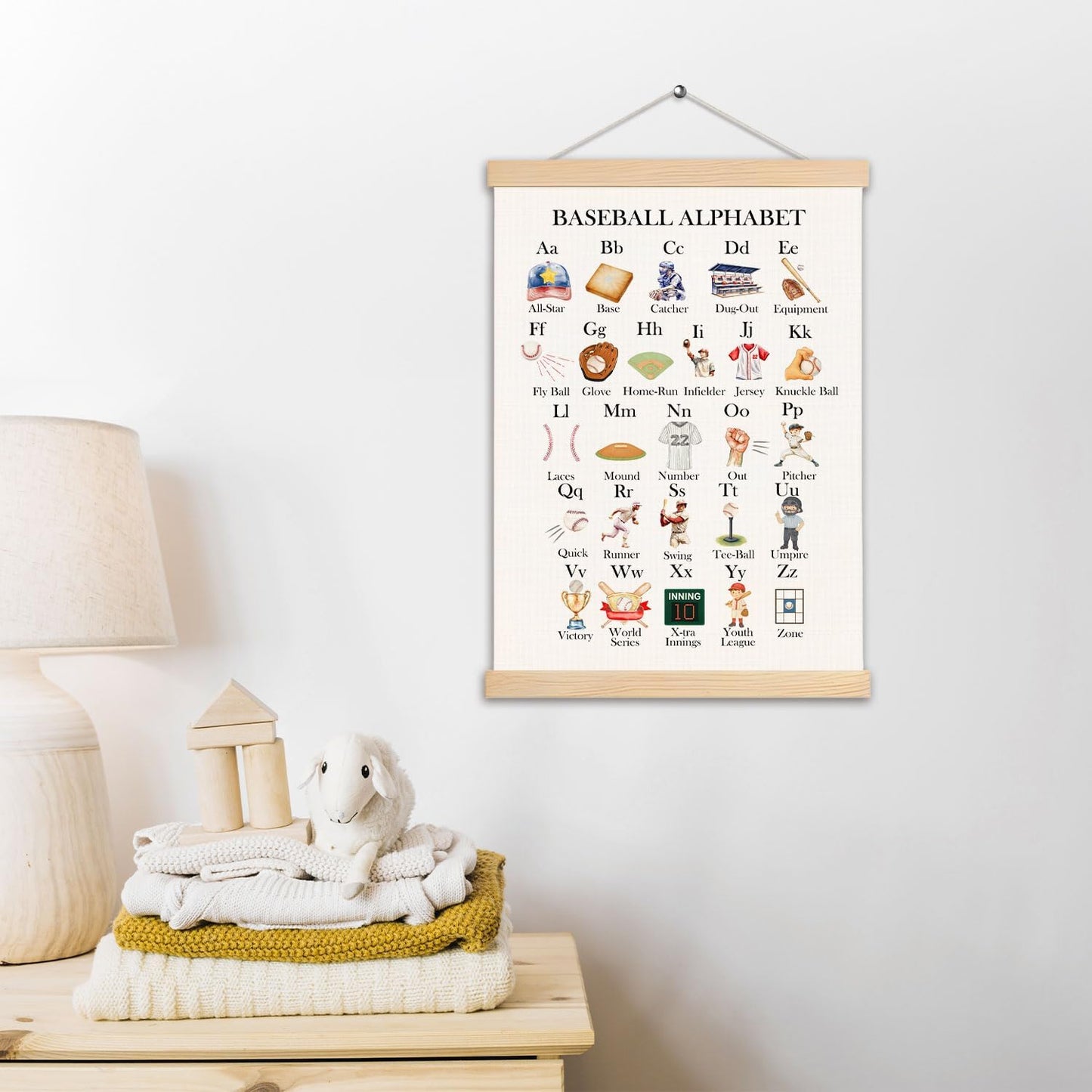 pouep Baseball Alphabet Nursery Wall Art Poster, Baseball Room Decor for Boys, Sports ABC Alphabet Educational Canvas Prints Wall Decor for Kids Boys Bedroom Dorm Nursery, 12x16 Inches