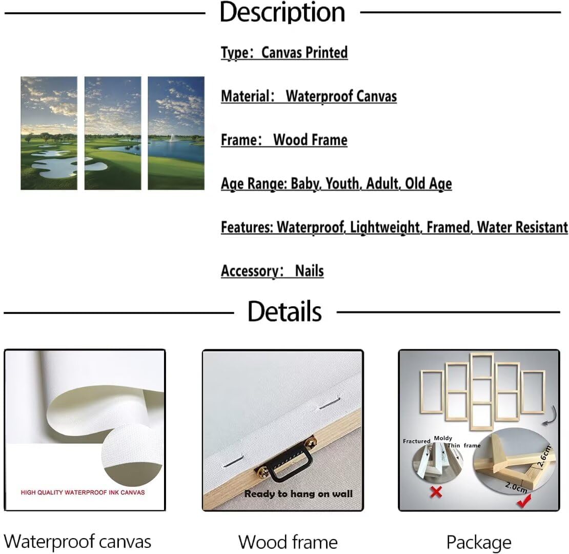 chenchenArt Golf Course Canvas Wall Art Pictures Golf Course Wall Decor for Living Room Bedroom Home Decoraitons Golf Office Art Framed Ready to Hang(20''W x 40''H x3)