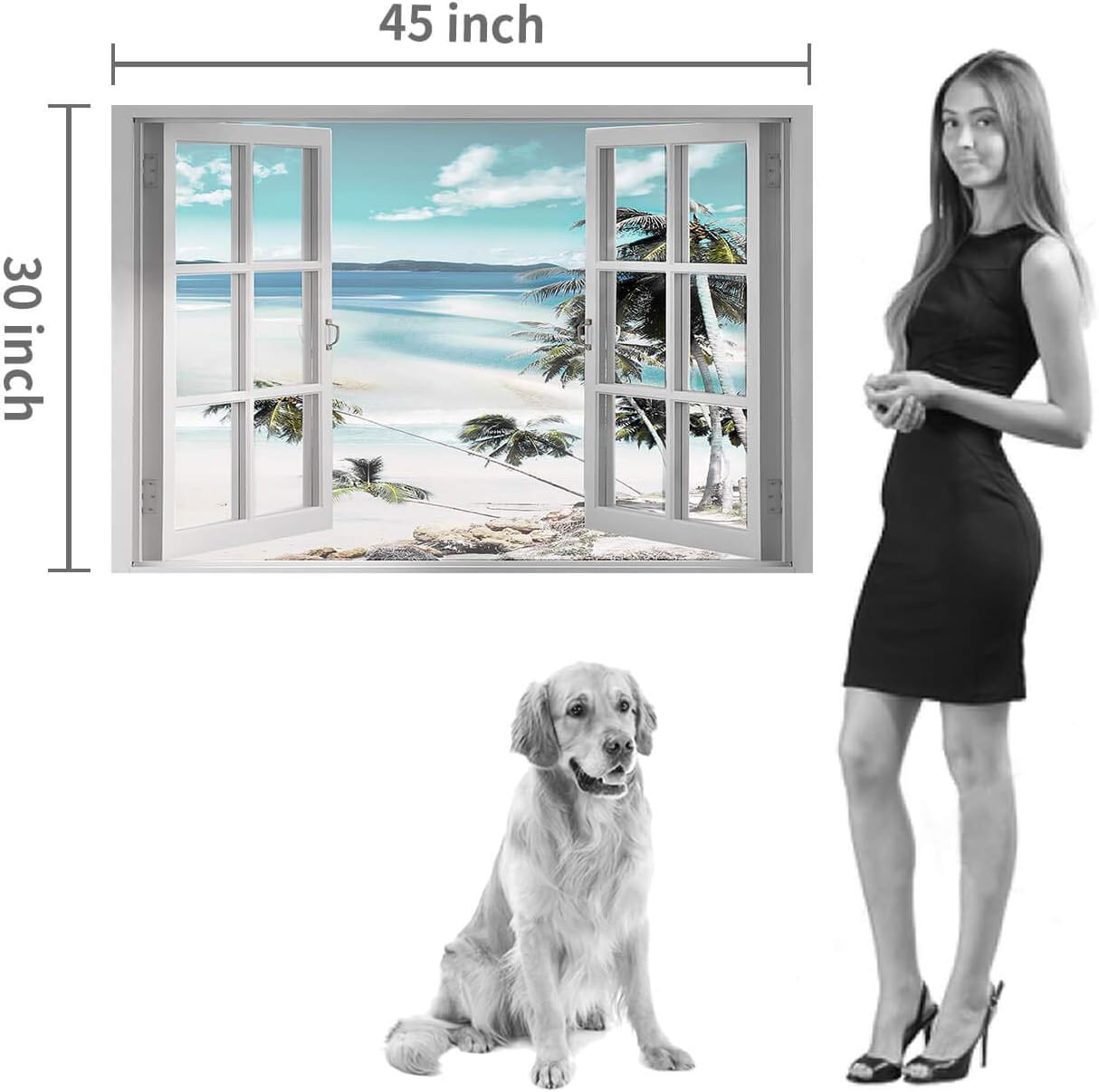 Canvas Windows Picture Wall Art: Beach with Light Blue Coastal Palm Graphic Artwork Print on Canvas Artwork for Living Room (45” x 30” x 1 Panel)