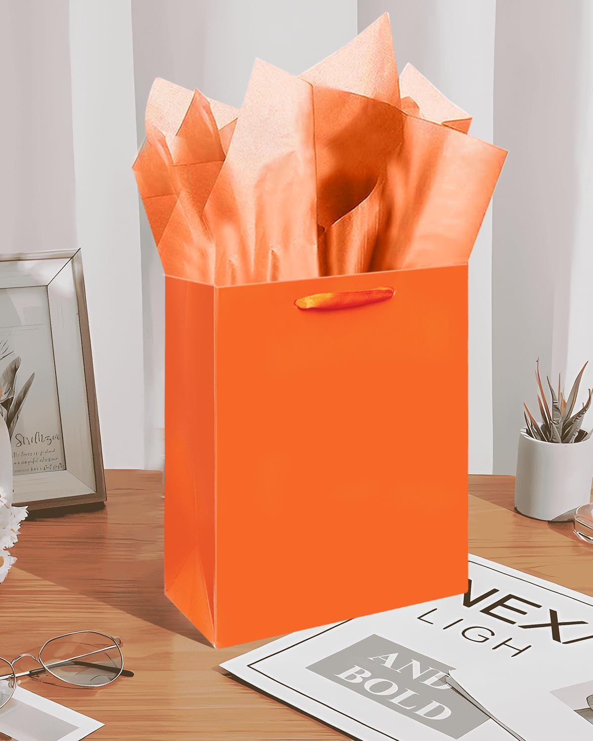 Gcardist Bright Orange Gift Bags with Tissue Paper for Wedding, Birthday, Party Supplies-7.9"x4.3"x9.6" Medium Size Cardboard Gift Bags(5pcs Bags +10pcs Tissue Paper )