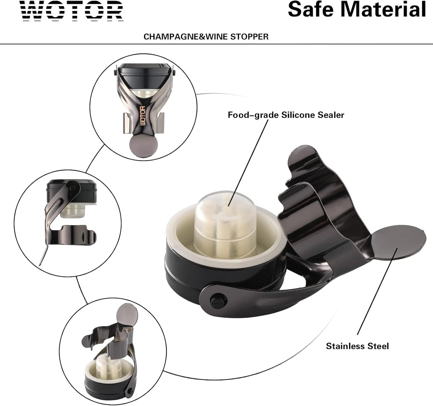 WOTOR Champagne&Wine Bottle Stoppers Stainless Steel with Food Grade Silicone, Leak Proof Keep Fresh Reusable Saver, Cork Suitable for Wine, Champagne, Cava, Prosecco and Sparkling (4 Pack Black)