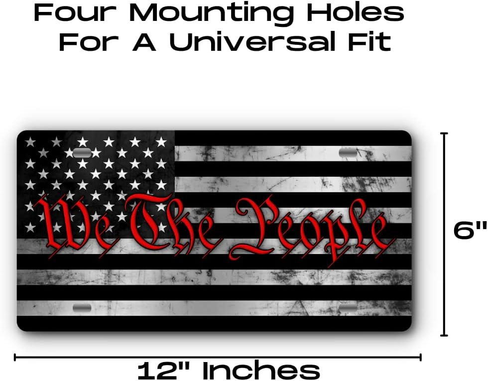 Patriotic Vanity Aluminum License Plate for Front of Trucks and Cars - Made in The USA - Universal Fit (We The People Brushed Stainless & Red)