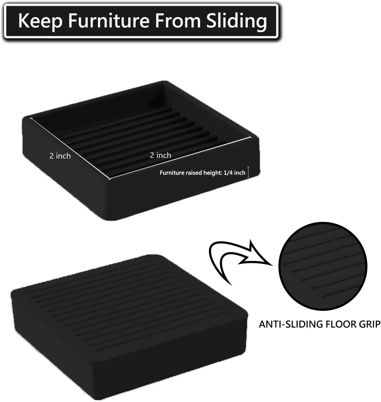 2x2 Square Rubber Furniture Caster Cups, Anti-Sliding Furniture Pads Bed Stopper Floor Protectors with Grip - Protect Any Flooring