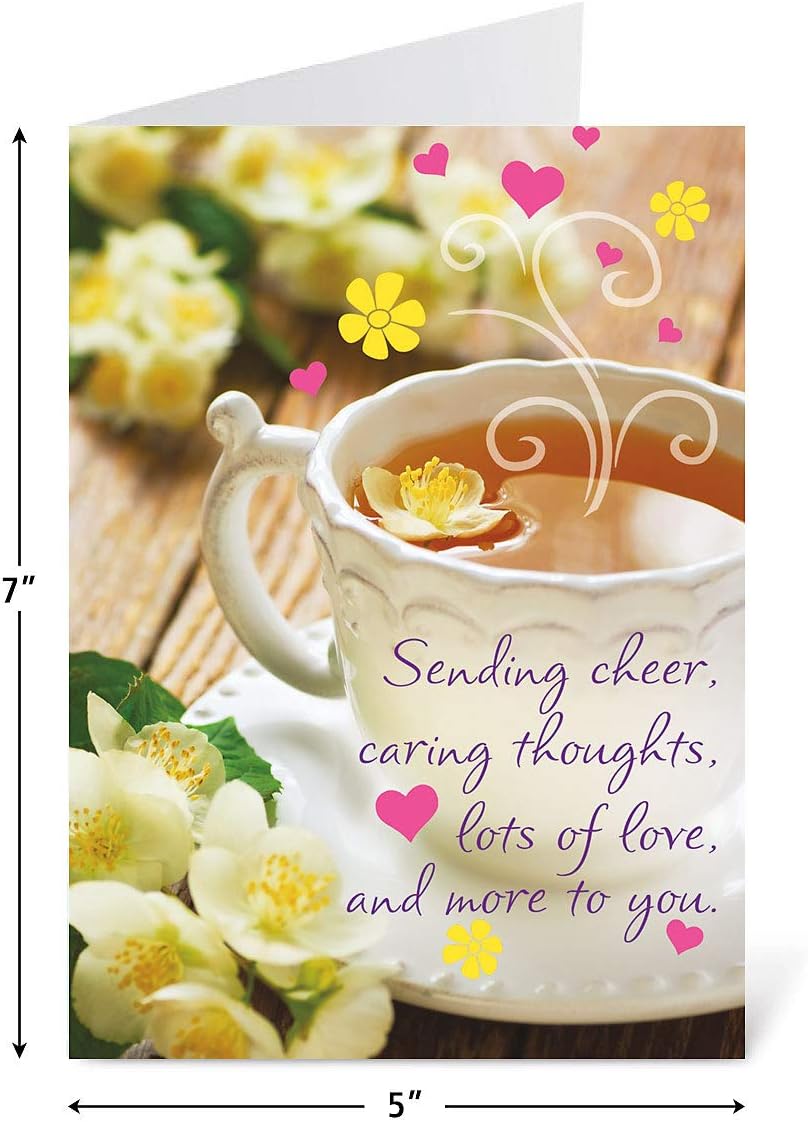 Teacup Get Well Greeting Cards - Set of 8 (4 Designs), Large 5" x 7", Sympathy Cards with Sentiments Inside, White Envelopes