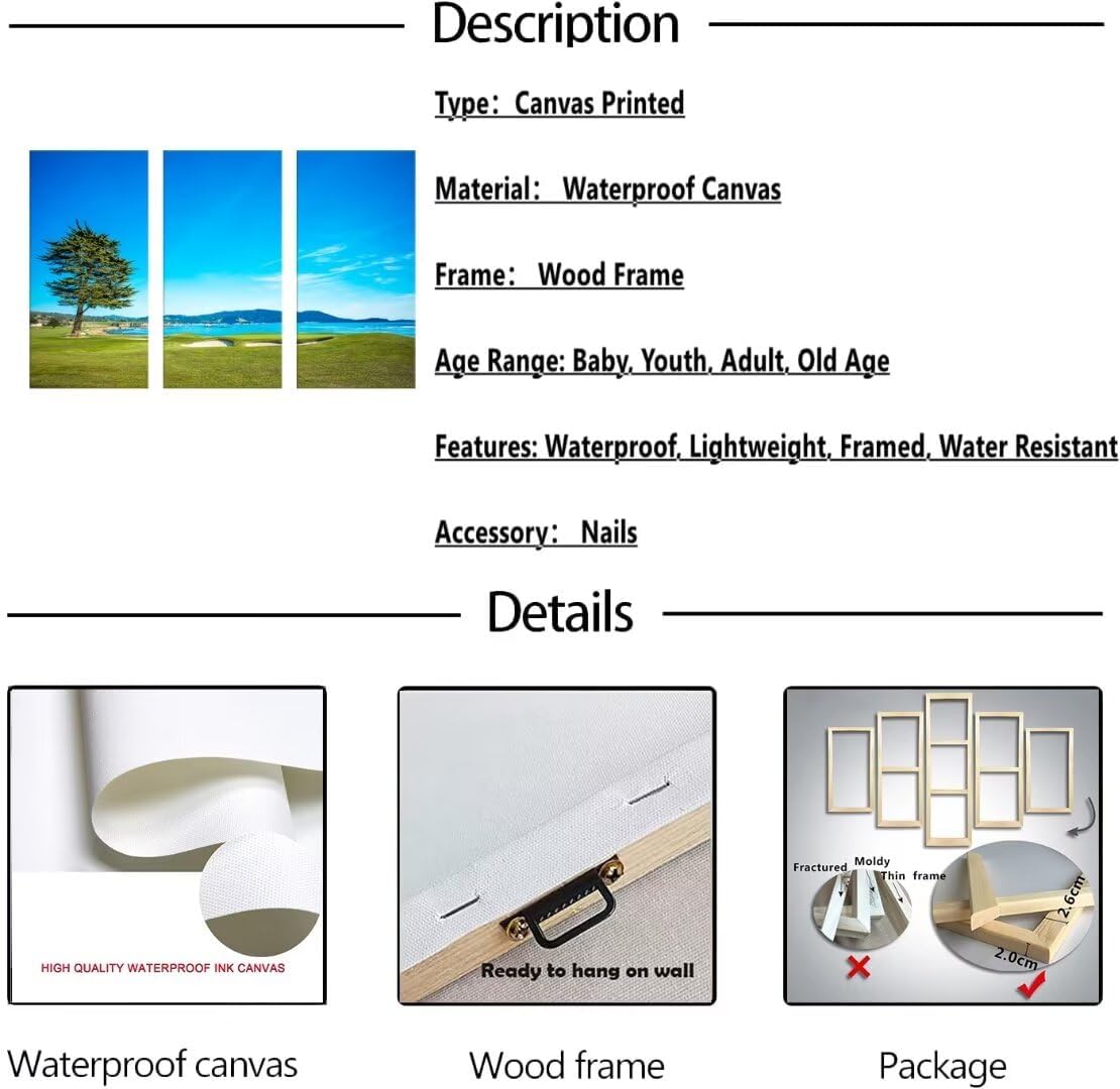 chenchenArt Pebble Beach Golf Course 18th Hole Wall Decor Golf Course Canvas Wall Art for Living Room Bedroom Home Decorations Paintings Canvas Modern Artwork Framed Ready to Hang(12''W x 24''H x3)