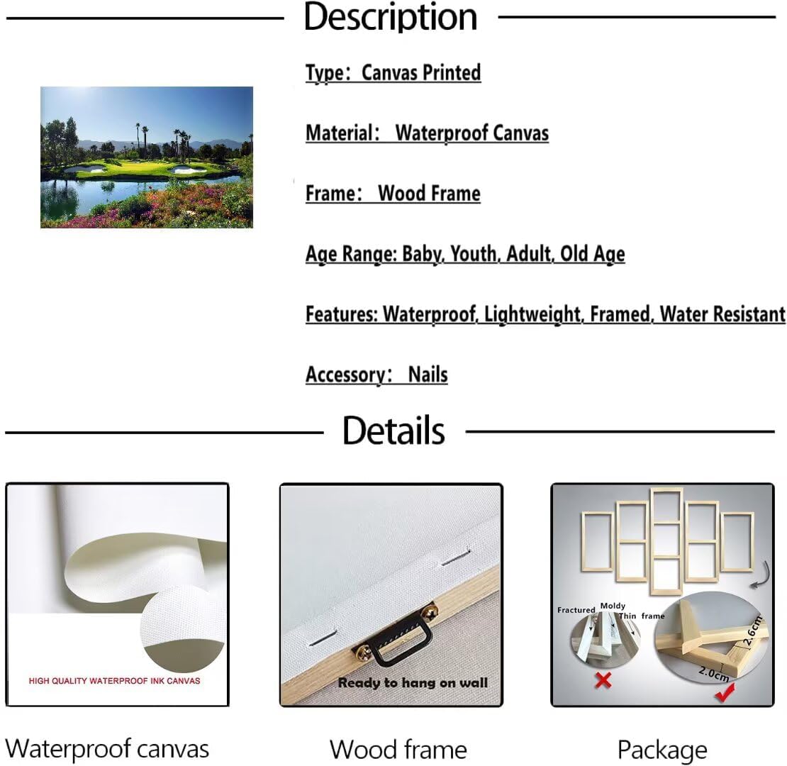 chenchenArt Indian Wells Golf Course Wall Art Picture Golf Course Poster Wall Decor for Living Room Bedroom Home Decorations Golf Artwork Canvas Prints Framed Ready to Hang(28''H x 44''W)