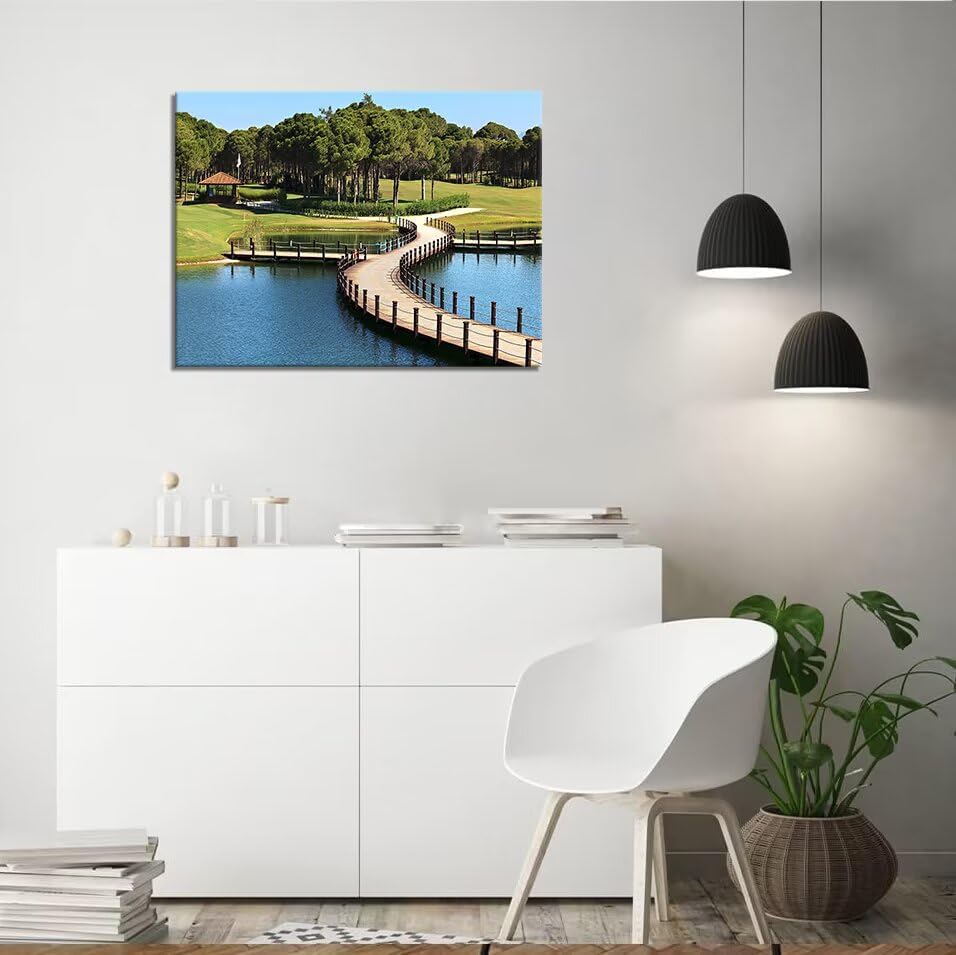 HJY Art USA Golf Course Wall Art Pictures Golf Club Wall Decor Blue Green Painting Poster for Home Decor Living Room Bedroom Bathroom Office Gym Landscape Framed Artwork Ready to Hang (18 x 24 inch)