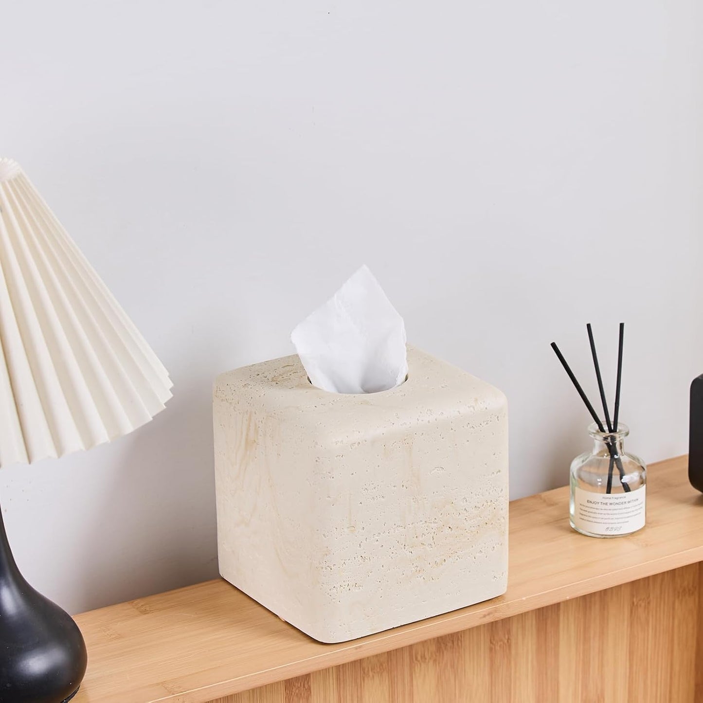Natural Travertine Tissue Box Cover – Modern Resin Cube Holder for Bathroom, Bedroom, Office – Decorative Square Tissue Box for Countertop, Nightstand, Vanity & Desk – Heavy&Sturdy