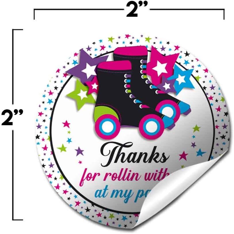 Let’s Roll Star Roller Skating Themed Thank You Sticker Labels for Kids, 40 2" Party Circle Stickers by AmandaCreation, Great for Party Favors, Envelope Seals & Goodie Bags