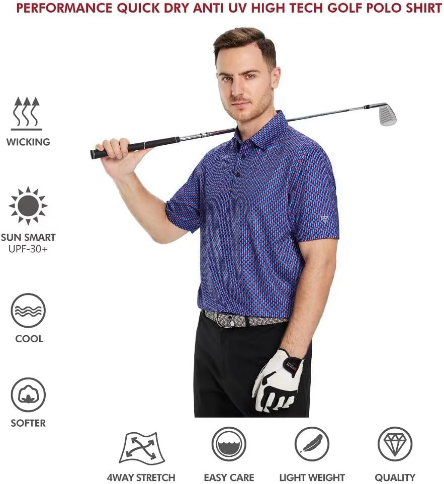 Golf Shirts for Men Dry Fit Short Sleeve Print Performance Moisture Wicking Polo Shirt