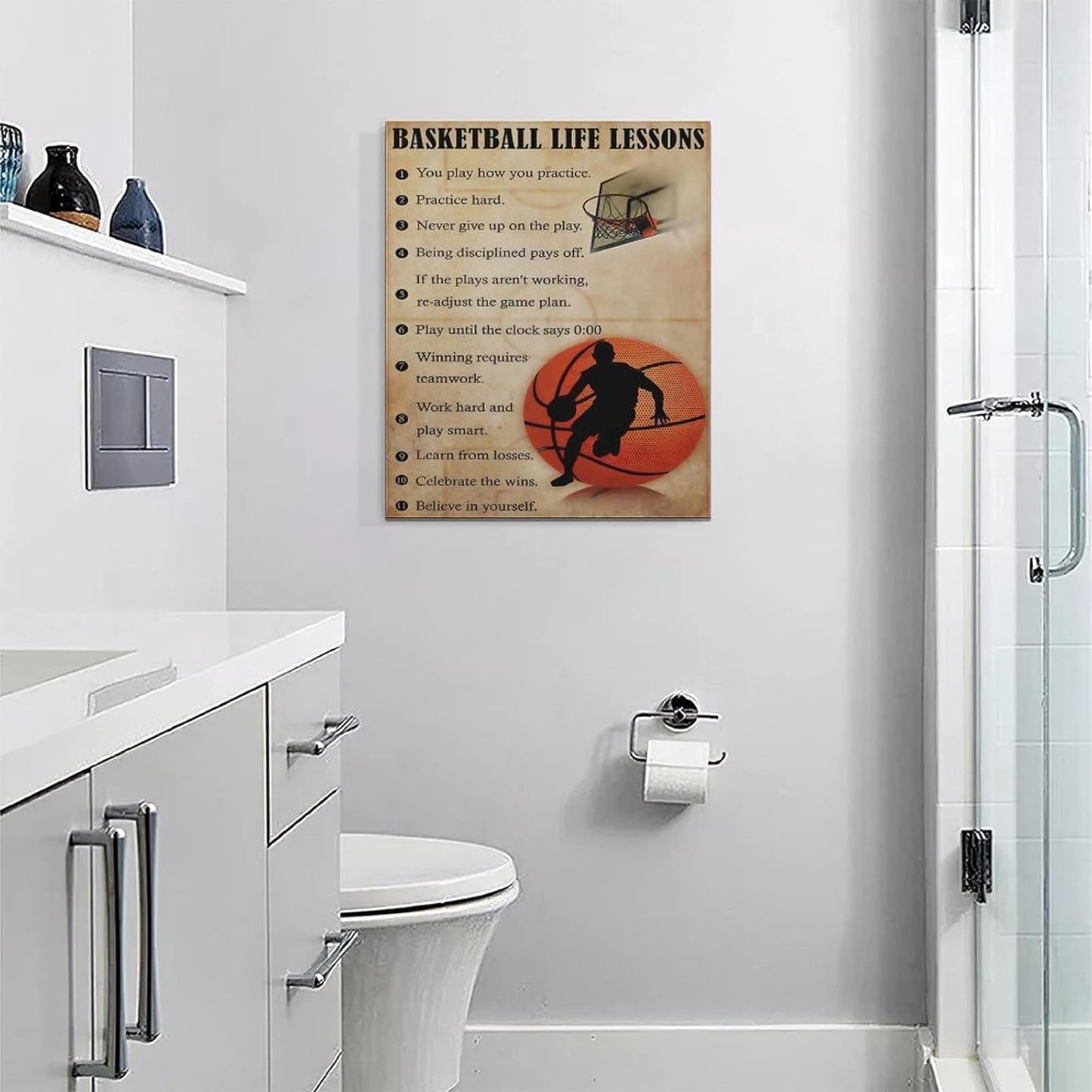 Basketball Life Lessons Wall Art Basketball Pictures Canvas Wall Decor Gifts for Basketball Player Boy Man Motivational Sports Painting Print Artwork Framed for Classroom Boy Room Gym 16"x20"