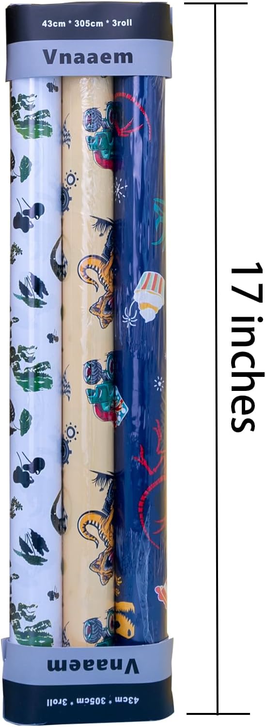 Vnaaem Dinosaur Wrapping Paper Rolls with Cutlines on Reverse - 3 Rolls Birthday Gift Wrap for Kids Boys Girls Dinosaur Party Birthday Gift Wrapping Holiday(17 Inches X 120 Inches)
