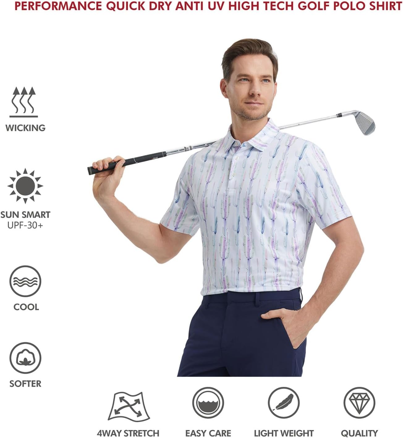 Golf Shirts for Men Dry Fit Short Sleeve Print Performance Moisture Wicking Polo Shirt