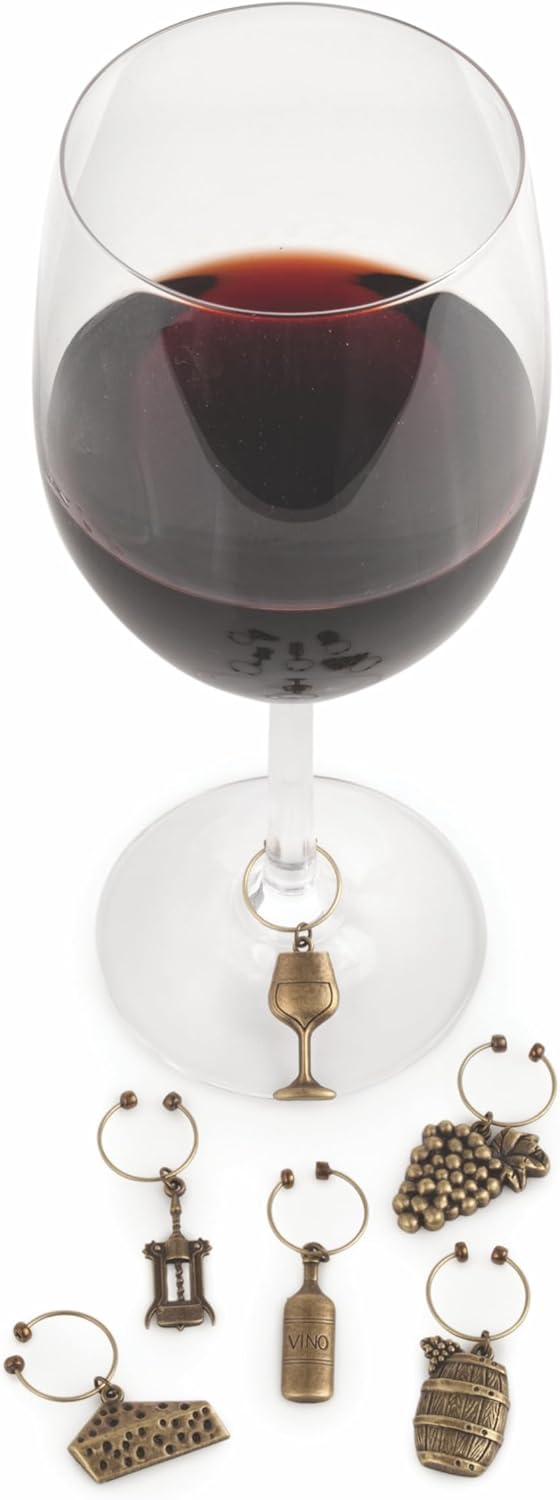 Twine Antiqued farmhouse decor wine charms and drink markers for wine glasses, 6 count
