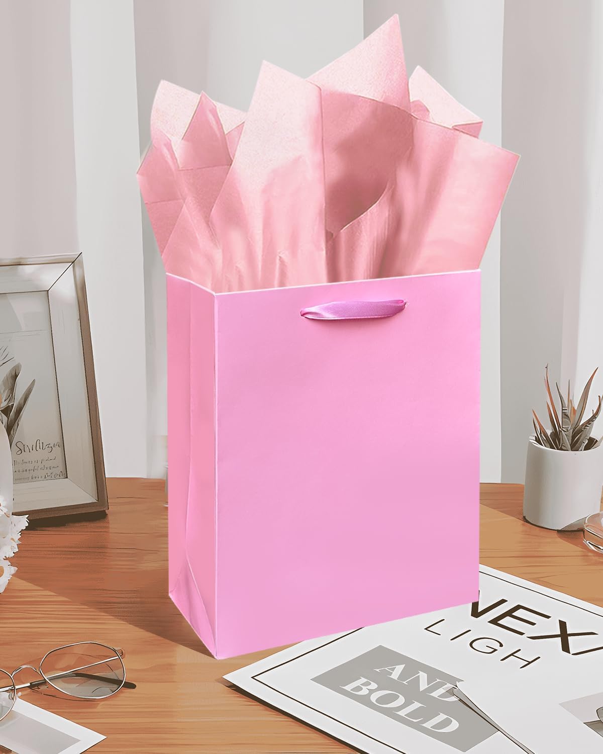 Gcardist Pink Gift Bags with Tissue Paper for Wedding, Birthday, Party Supplies-7.9"x4.3"x9.6" Medium Size Cardboard Gift Bags(16pcs Bags +32pcs Tissue Paper )