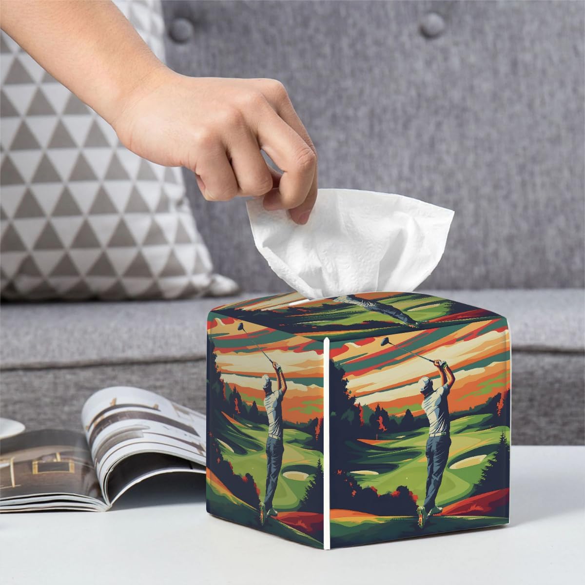 Square Leather Tissue Box Cover, Waterproof Napkin Dispenser with Golf Ball Golf Lover Print, Tissue Holder for Bathroom, Living Room, Bedroom, Office, and Car Decor