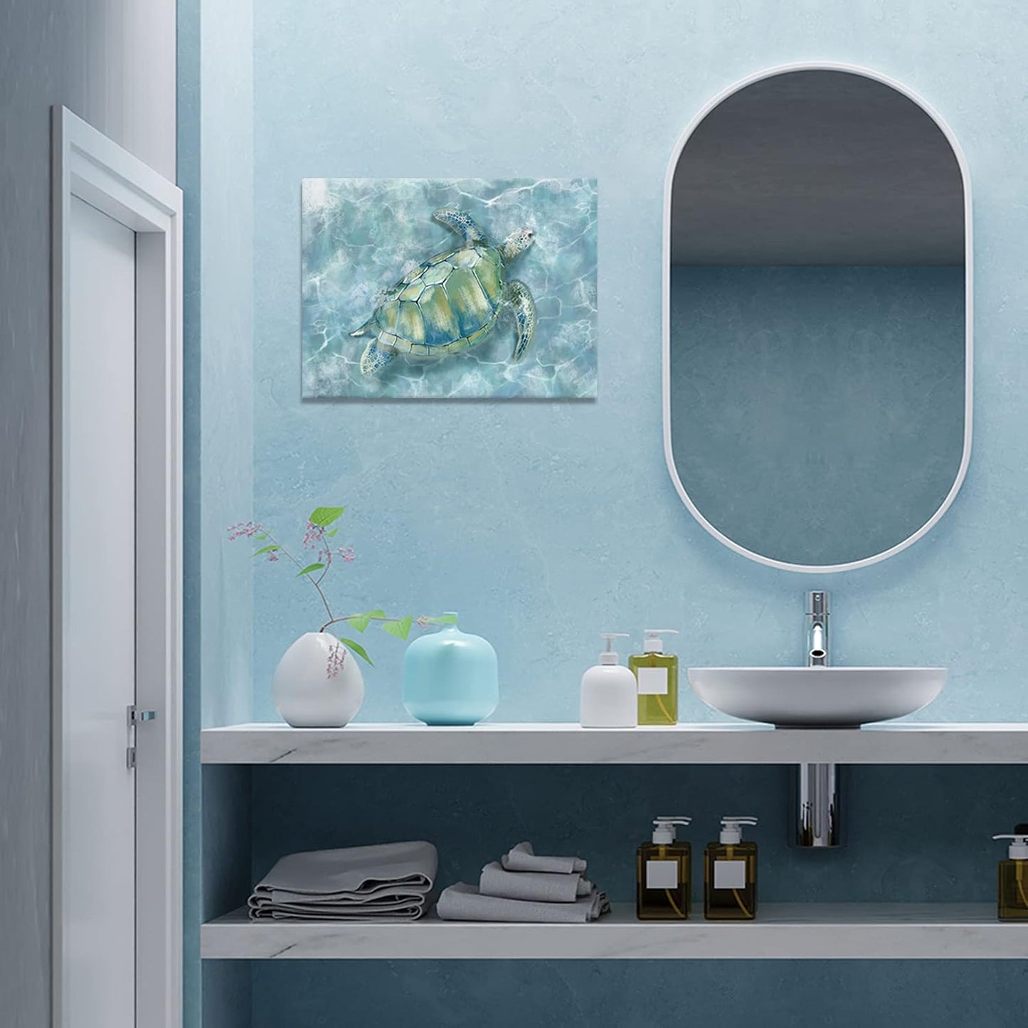 YJYart Bathroom Wall Decor Canvas Wall Art for Bedroom Sea Turtle Pictures Blue Coastal Room Decorations Artwork Green Turtle Wall Decorations 16” x 24”