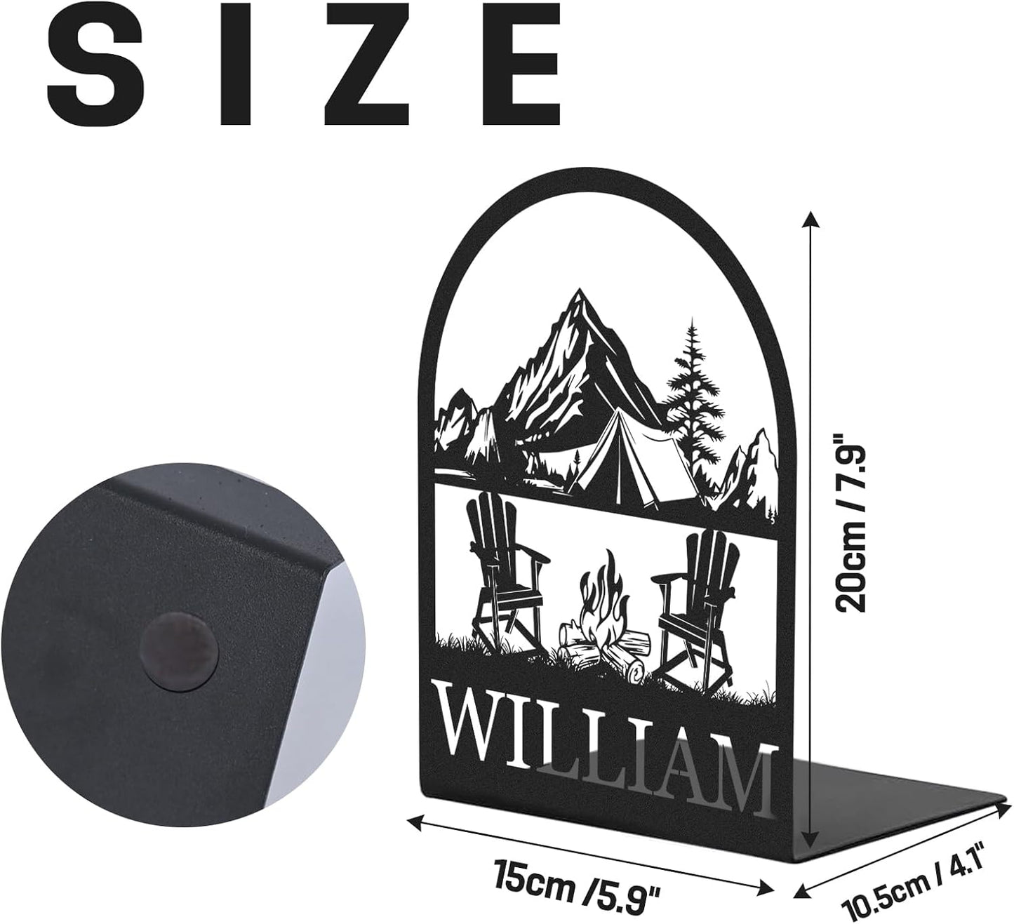 Personalized Name Metal Book Ends 2 Pcs, Modern Bookends for Shelves, Book Stopper for Heavy Books, Camping Bookshelf Decor, Book Organizer for Desk, Book Holders for Home Office, Gifts for Camper