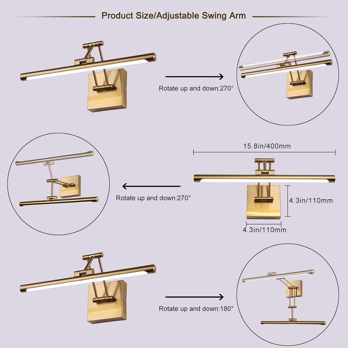 Hard-Wired Picture Light Dimmable LED Picture Lights for Paintings 15.7 Inch Brass Metal Body Wall Pictures with Adjustable Gold Swing Arm Art Display Lamps 7W 3000K Warm White Book Light