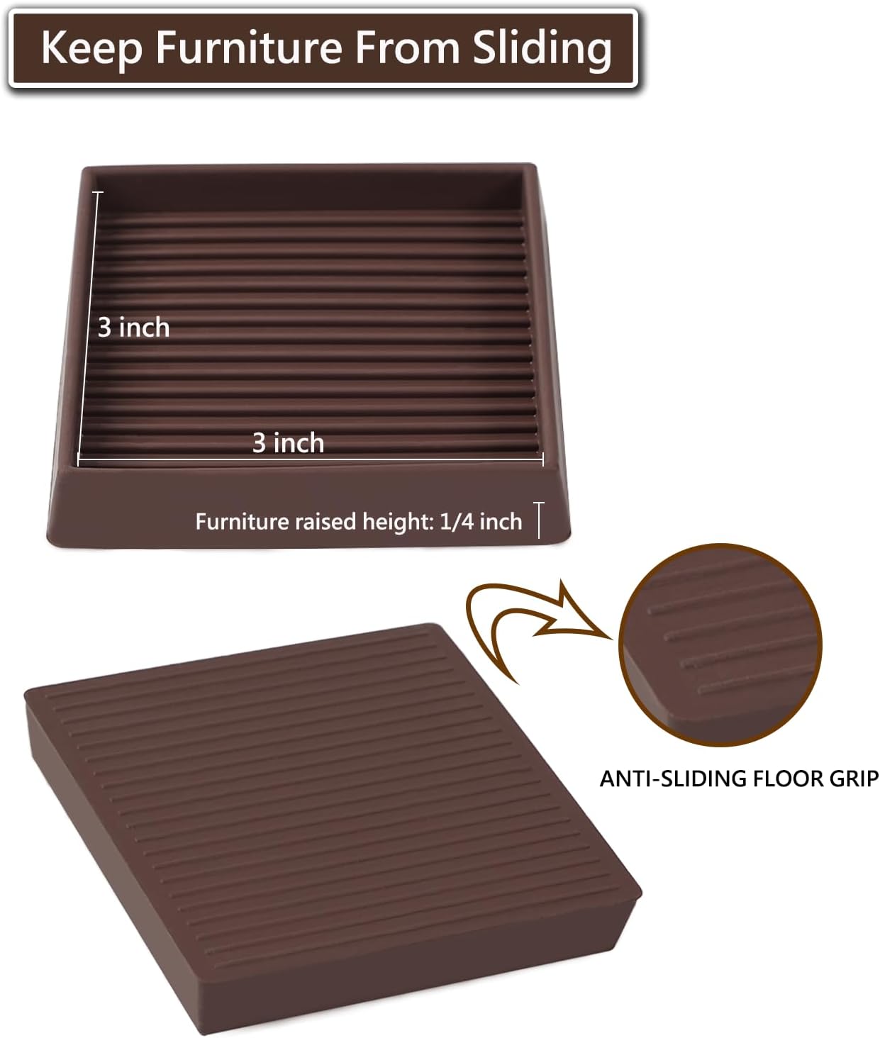 3x3 Square Rubber Furniture Caster Cups, Anti-Sliding Furniture Pads Bed Stopper Floor Protectors with Grip - Protect Any Flooring