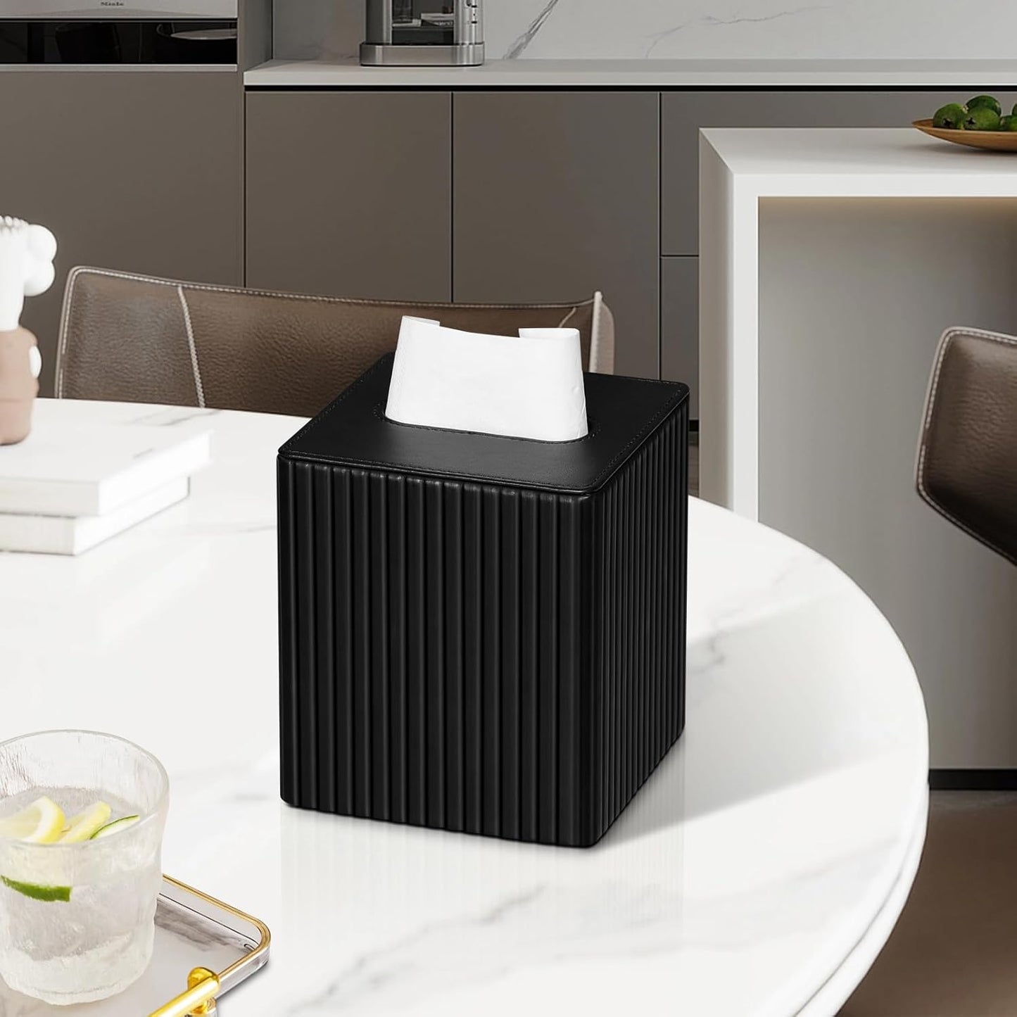 PU Leather Tissue Box Cover Square Tissue Box Holder with Magnetic Closure (Black Stripe)