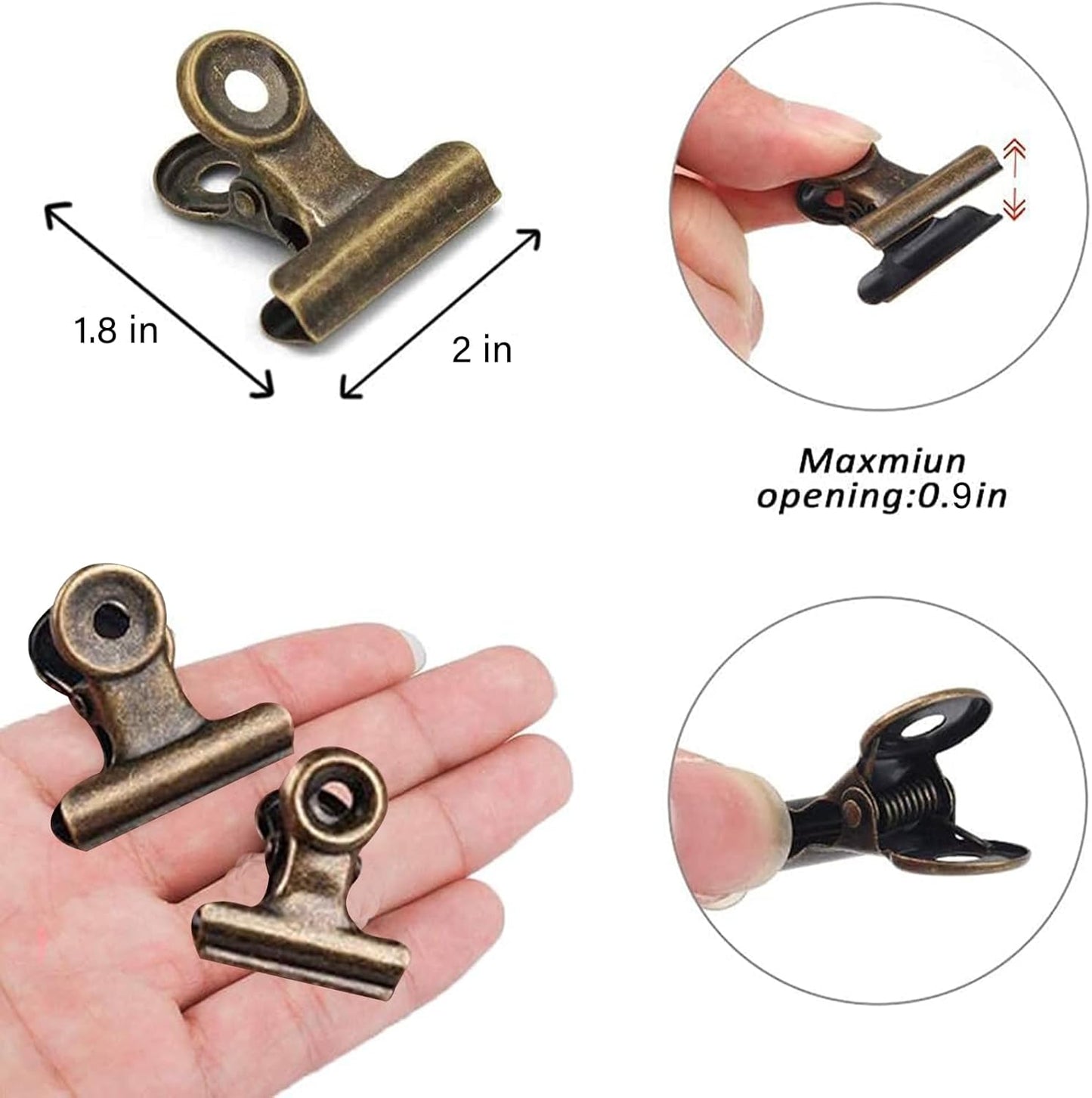 10 Pack Bulldog Clips with 10 Push-pins, Paper File Clips with Strong Spring, Large Metal Binder Clips, Seal Clamps for Coffee Tea Food Bags(Bronze,2inch)