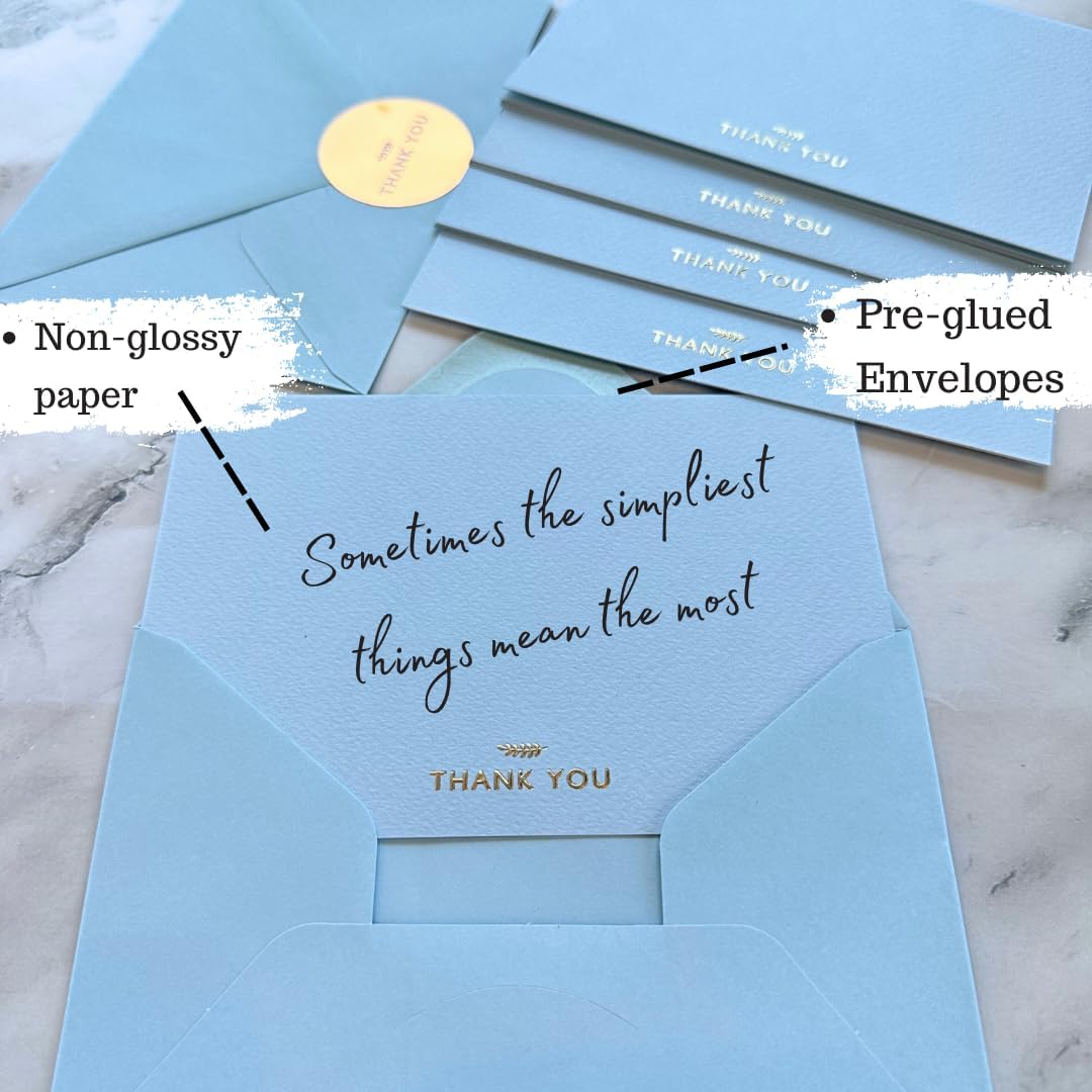 RUN2PRINT Thank You Cards with Envelopes & Gold Foil Stickers – 36‑Pack Flat Dusty Blue Cards (4″×6″) – Embossed Italian Textured Thick Paper – For Weddings, Business & Every Occasion (Carolina Blue, Pack of 36)